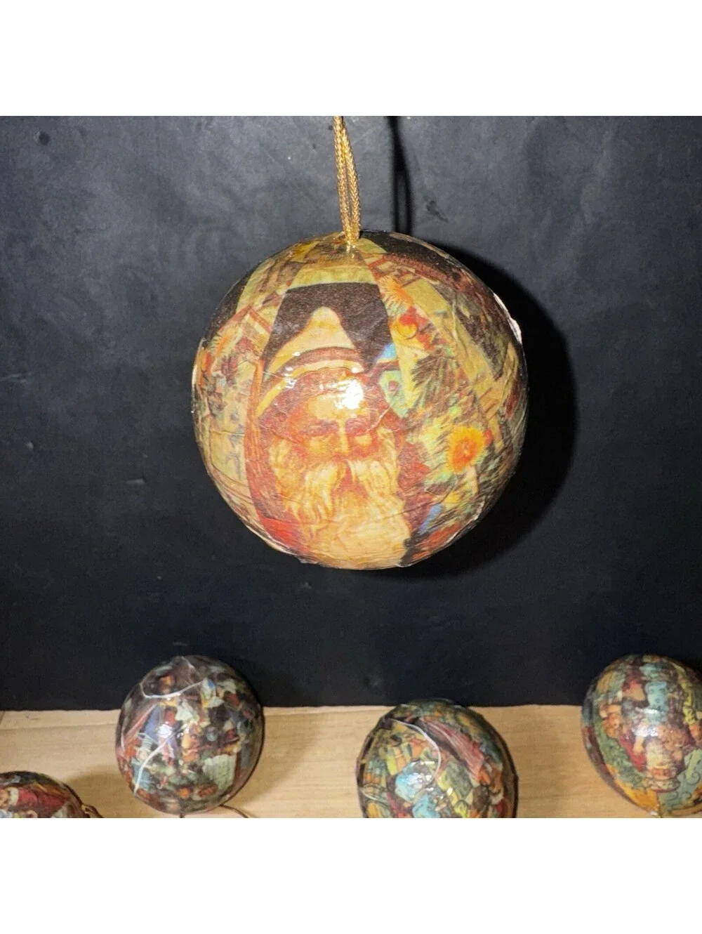 6 Vintage Decoupage Christmas Ornaments Lot Santa Victorian Style 2.5”Balls
